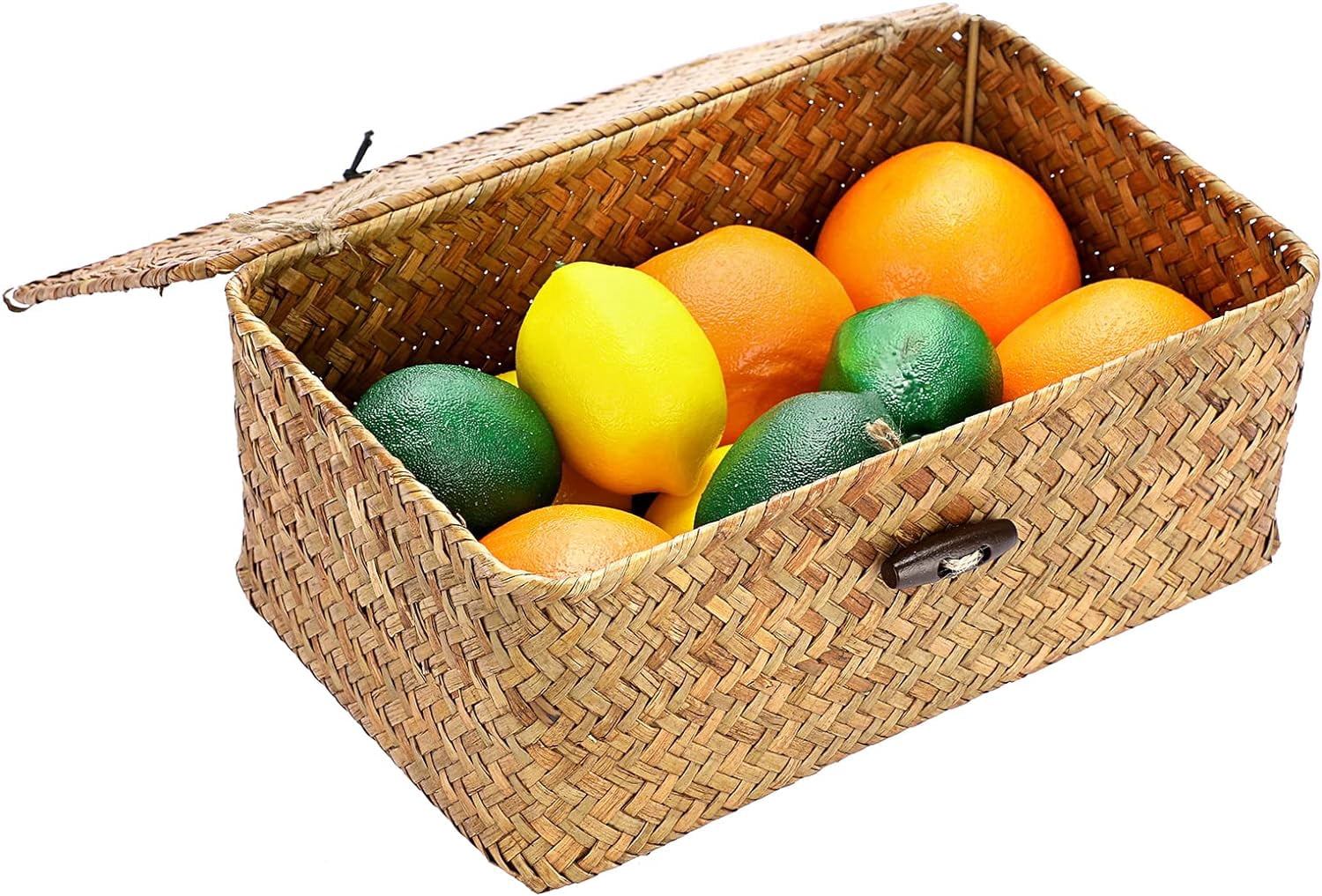 Woven Wicker Storage Basket Bin with Lid, Hand-Woven Desktop Basket,Small Home Storage Organizer Container, Rectangular Bathroom Storage Organiser Box,Multipurpose Storage Basket (Medium)