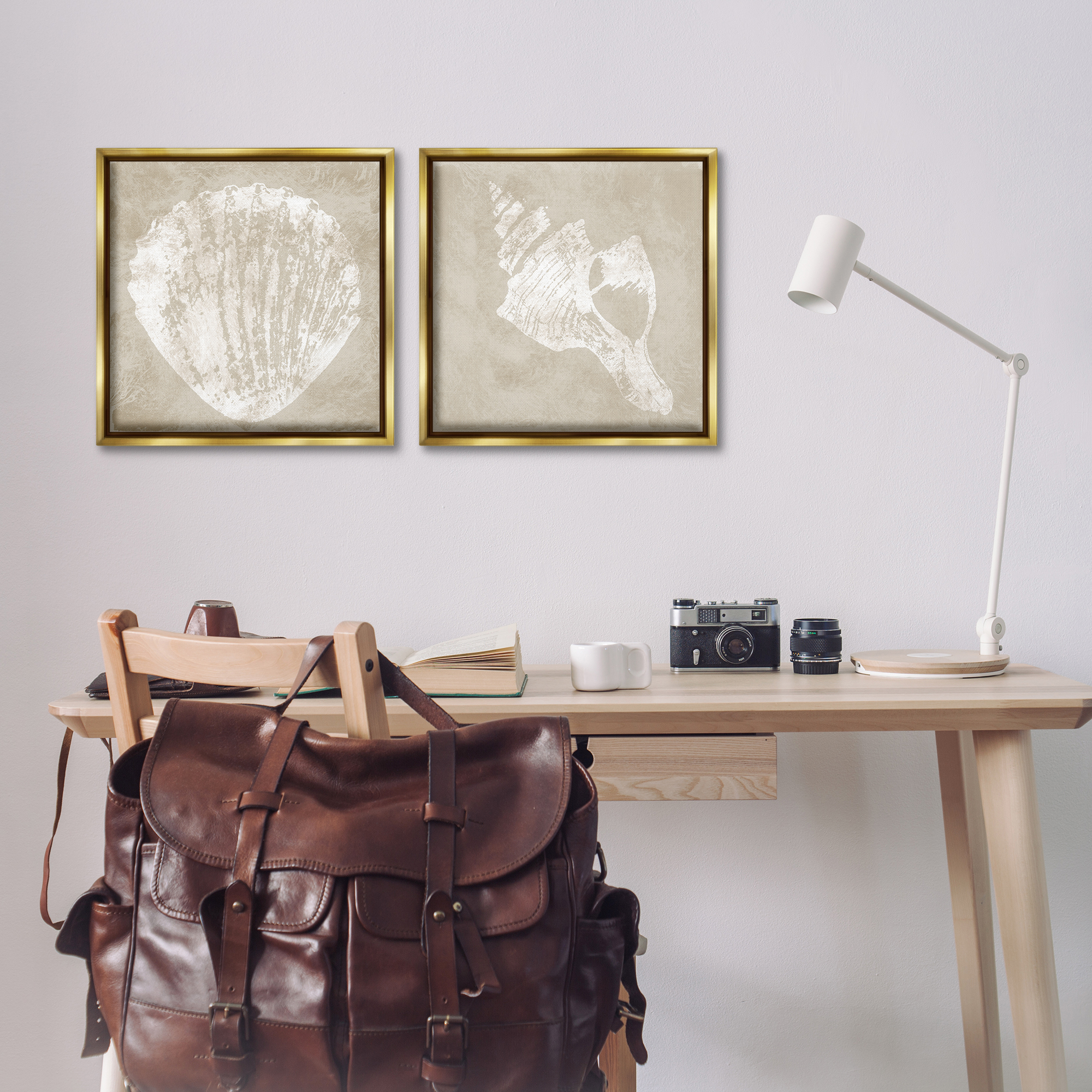 Stupell Industries Rustic Abstract Seashells Nautical & Beach Painting Gold Floater Framed Canvas Art Print Wall Art, 18 x 18, Set of 2