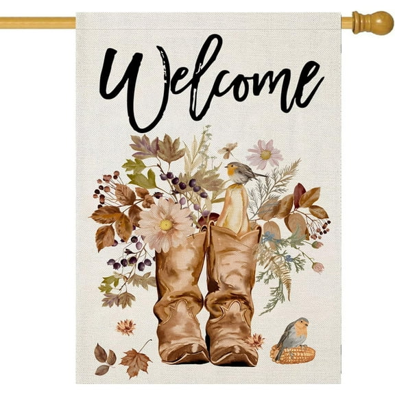 Welcome Fall House Flags for Outdoor Decoration, Thanksgiving Boots with Maple Leaves Flowers Large Yard Flag, Decorative Autumn Seasonal Farmhouse Holiday Outside Decor 28x40 Inch Vertical Double