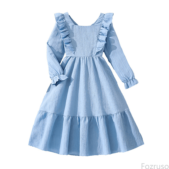 Fozruso Girls Casual Dresses Elegant Ruffle Long Sleeve Girls Party Dress With Backless And Bow For Kids Teen Sizes 7-8 Years