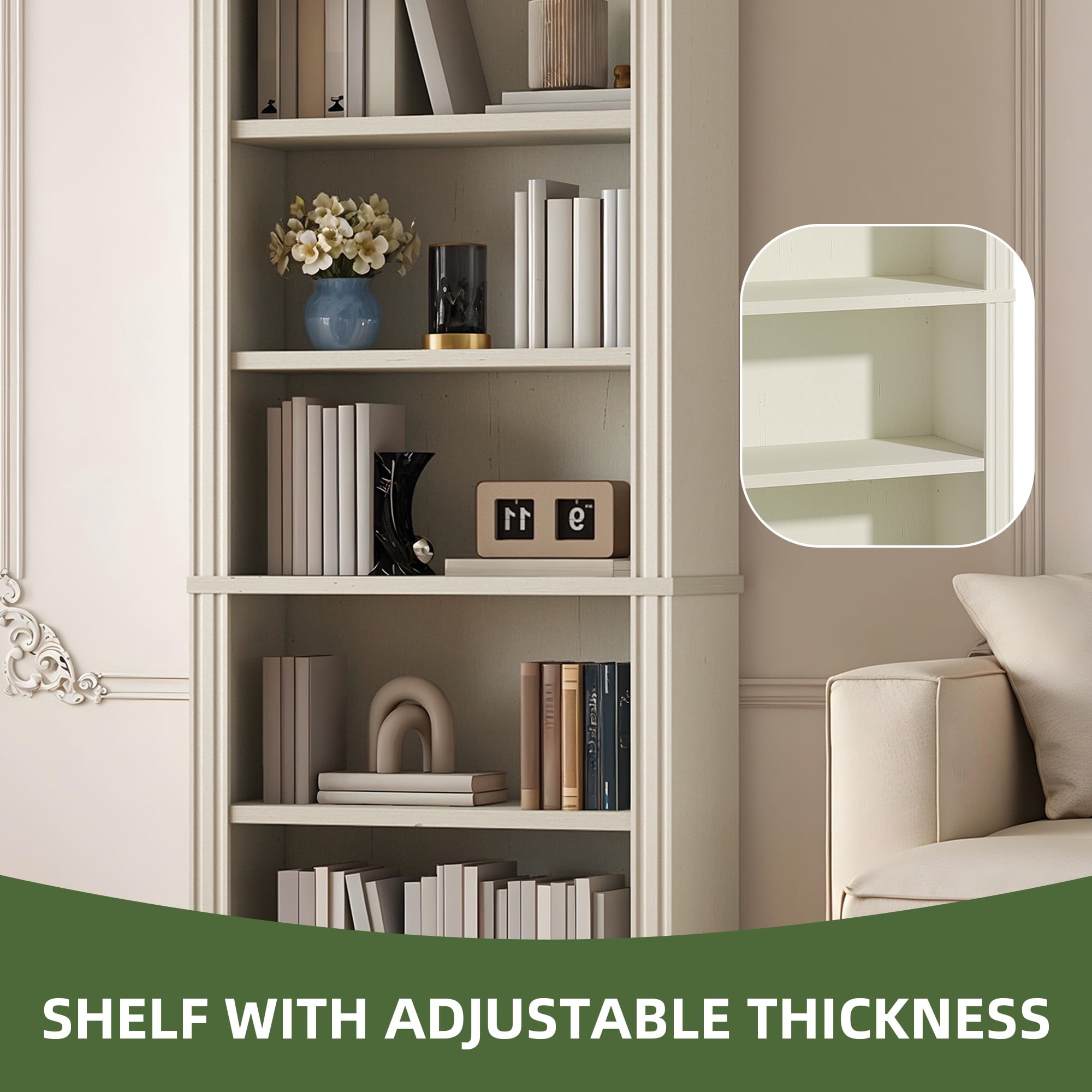 Uforic 5-Tier Bookcase, Vintage Arched Tall Bookshelf with Adjustable Shelves, White Open Display Rack, 23.6"