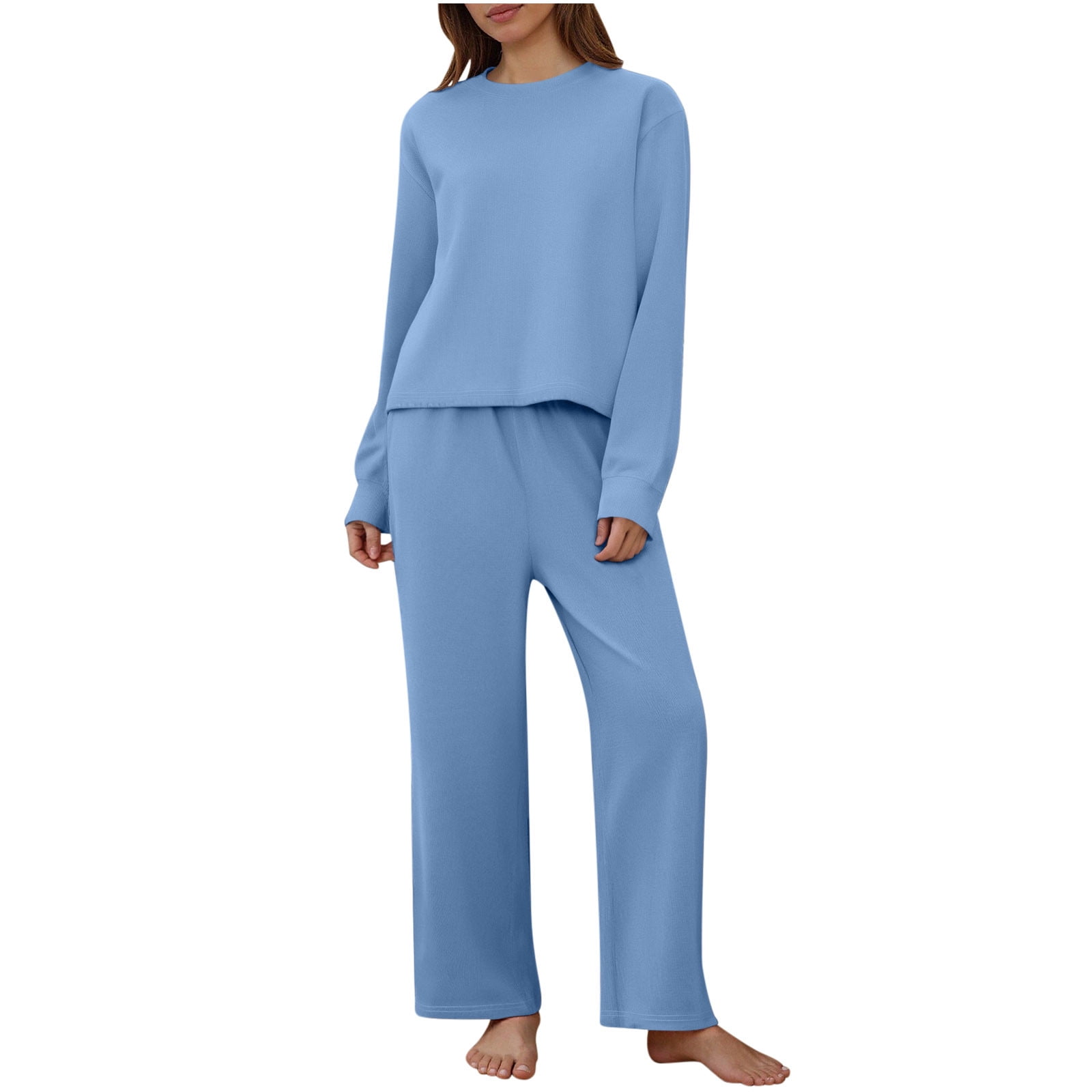 Womens Matching Lounge Set 2 Piece Fall Outfits Long Sleeve Crewneck Tops Wide Leg Pants Tracksuits Travel Clothes S