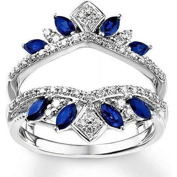 beryl_creation 925 Sterling Silver 2.00 Ct Marquise Cut Blue Sapphire Engagement Thanksgiving Christmas Enhancer Wrap Guard Ring 14K White Gold Plated For Women's -5.5