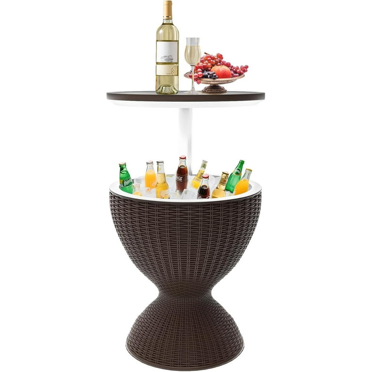 Outdoor Cooler Table, Height-Adjustable Patio Bar Tables 8 Gallon Beer and Wine Cooler, 3-in-1 Rattan Style Ice Bar with Drainage Plug for Pool Party (Black)