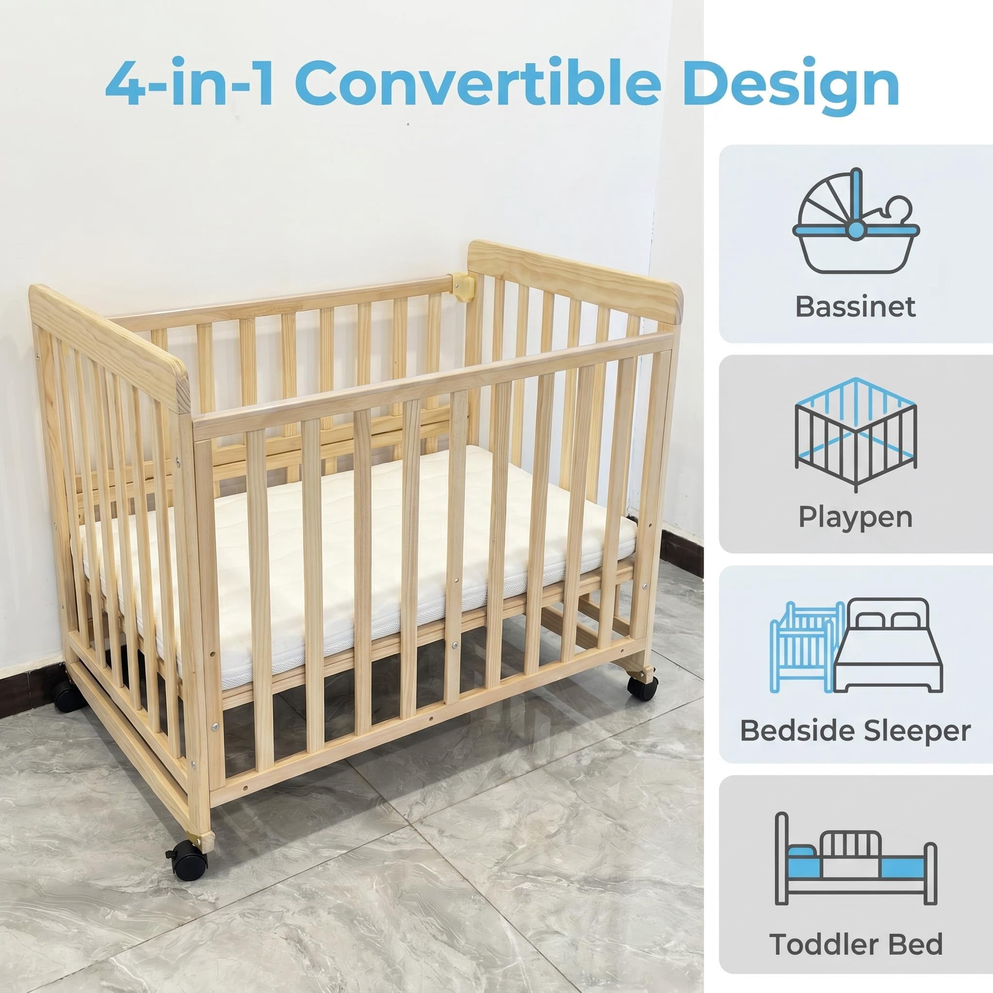 Solid Pine Convertible Baby Bassinet Bedside Sleeper, 3 Adjustable Heights Mini Crib with Breathable Mattress, Portable Newborn Toddler Bed with Lockable Wheels