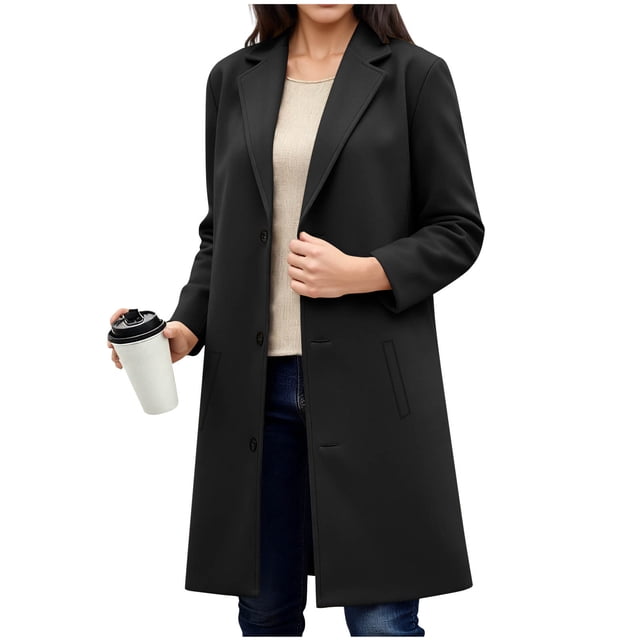 Wensltd Notched Collar Wool Overcoat for Women Classic Button Pocket Solid Color Slim Fit Office Winter Coat