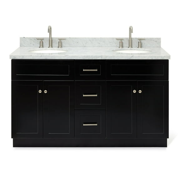 Ariel Hamlet 61 In. Double Oval Sink Vanity With 1.5 In. Carrara White Countertop In Black