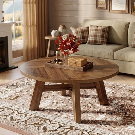 Finmind 39" Round Coffee Table, Mid-Century Modern Wood Center Table with Cross Brace, Walnut