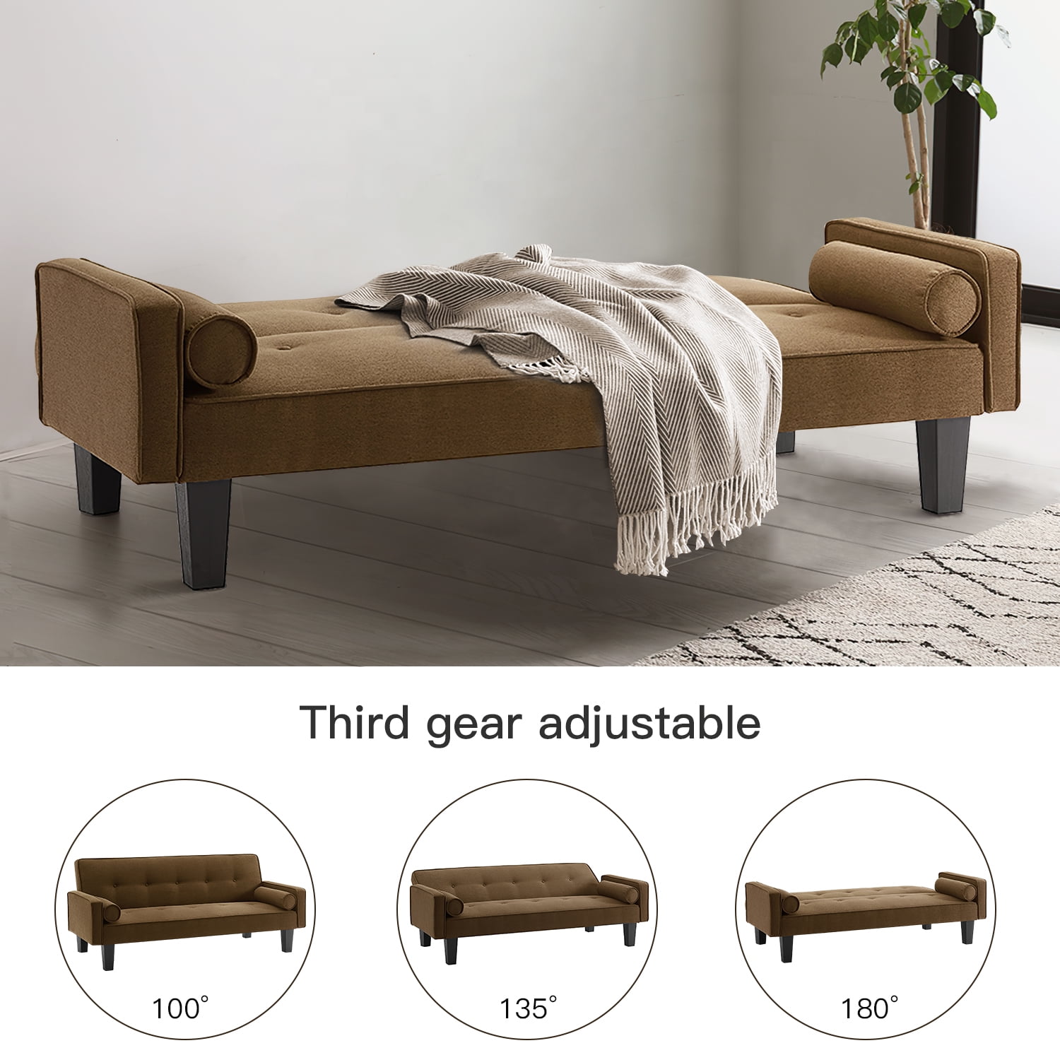 Kadyn Futon Sofa Bed Modern Convertible Sofa Bed, Love Seat Couch Linen Fabric Sleeper Sofas with 2 Pillows, Sofa Bed with Adjustable Backrest, Brown Kadyn Futon Sofa Bed Modern Convertible Sofa Bed, Love Seat Couch Linen Fabric Sleeper Sofas with 2 Pillows, Sofa Bed with Adjustable Backrest, Brown