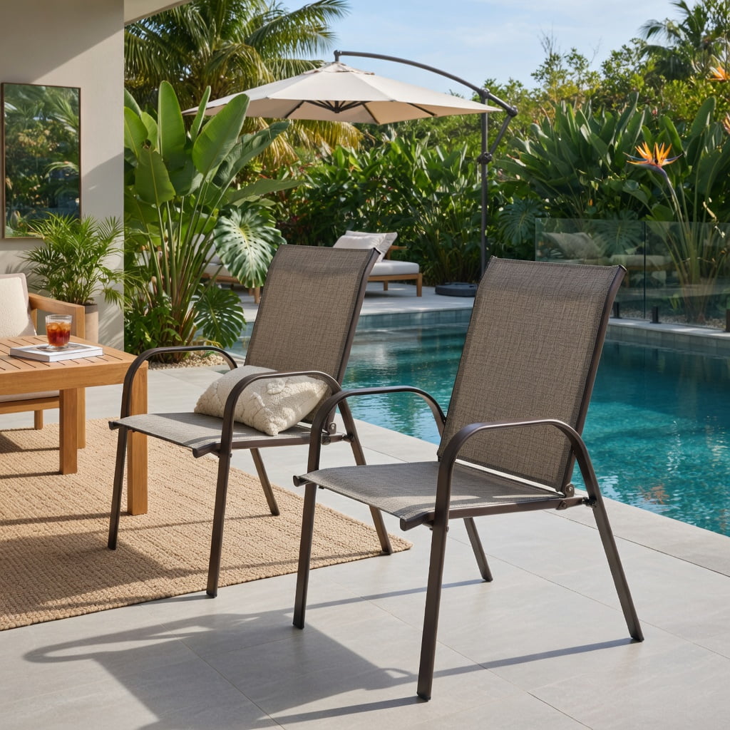 Hommoo 2-Pack Outdoor Patio Dining Chairs with Armrests, Heavy-Duty Steel Frame, Breathable Fabric, for Garden, Poolside & Balcony Use, Gray