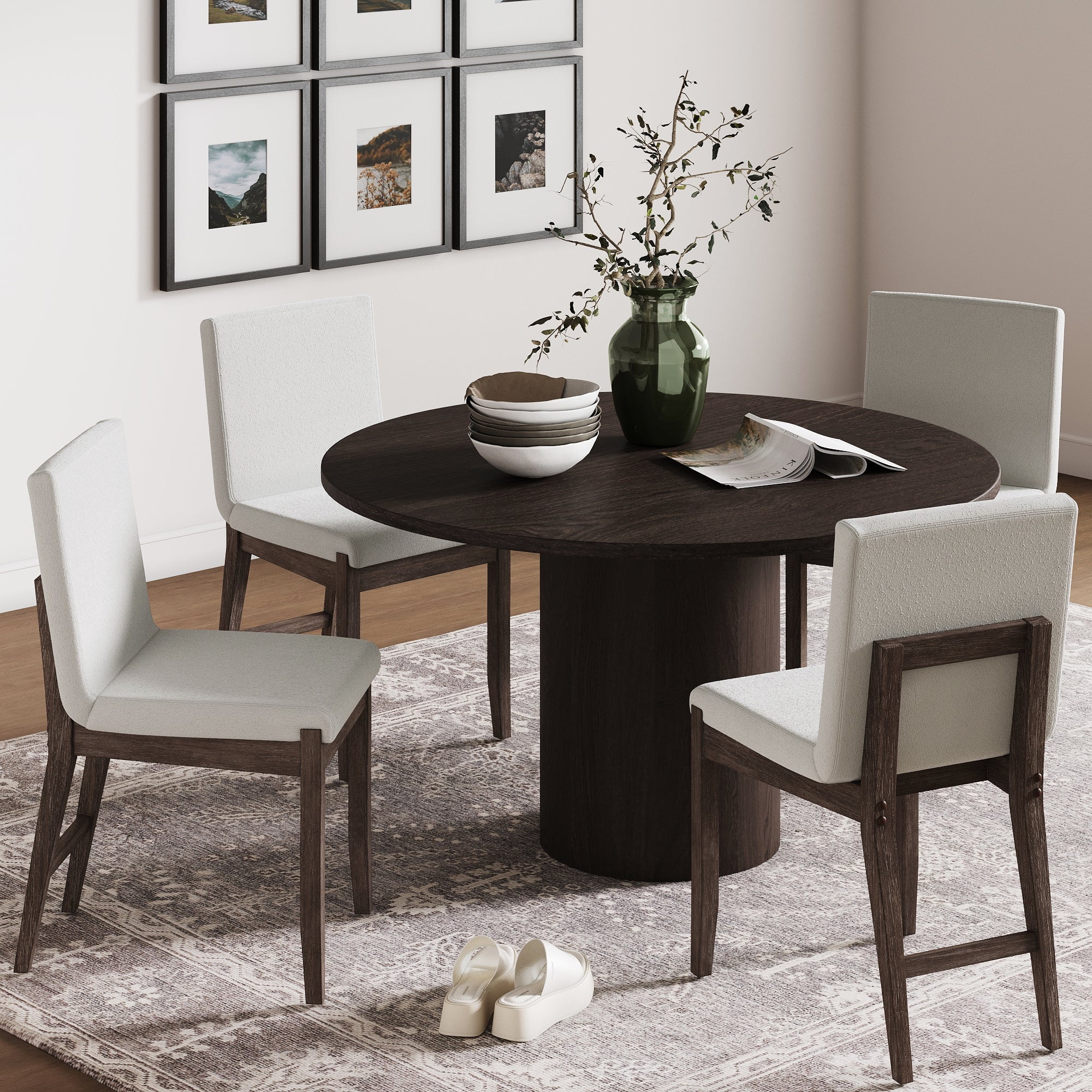 Nathan James Gracie Scandinavian Dining Chair with Cushion, Boucle Dining Chair with Solid Wood Frame, Cream Boucle/Dark Brown