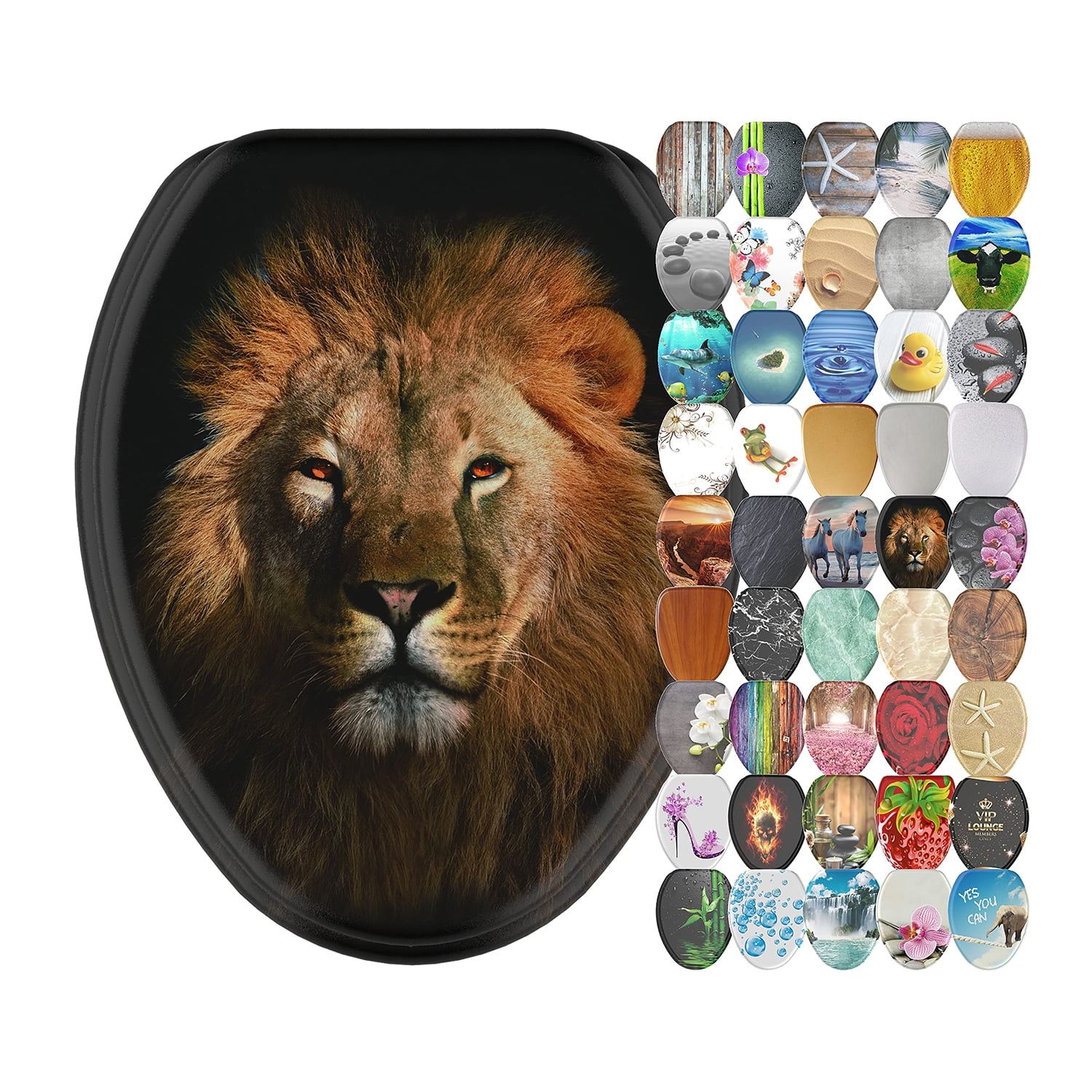 Sanilo 358 Elongated Wood Toilet Seat with Soft Close Lid, Lion