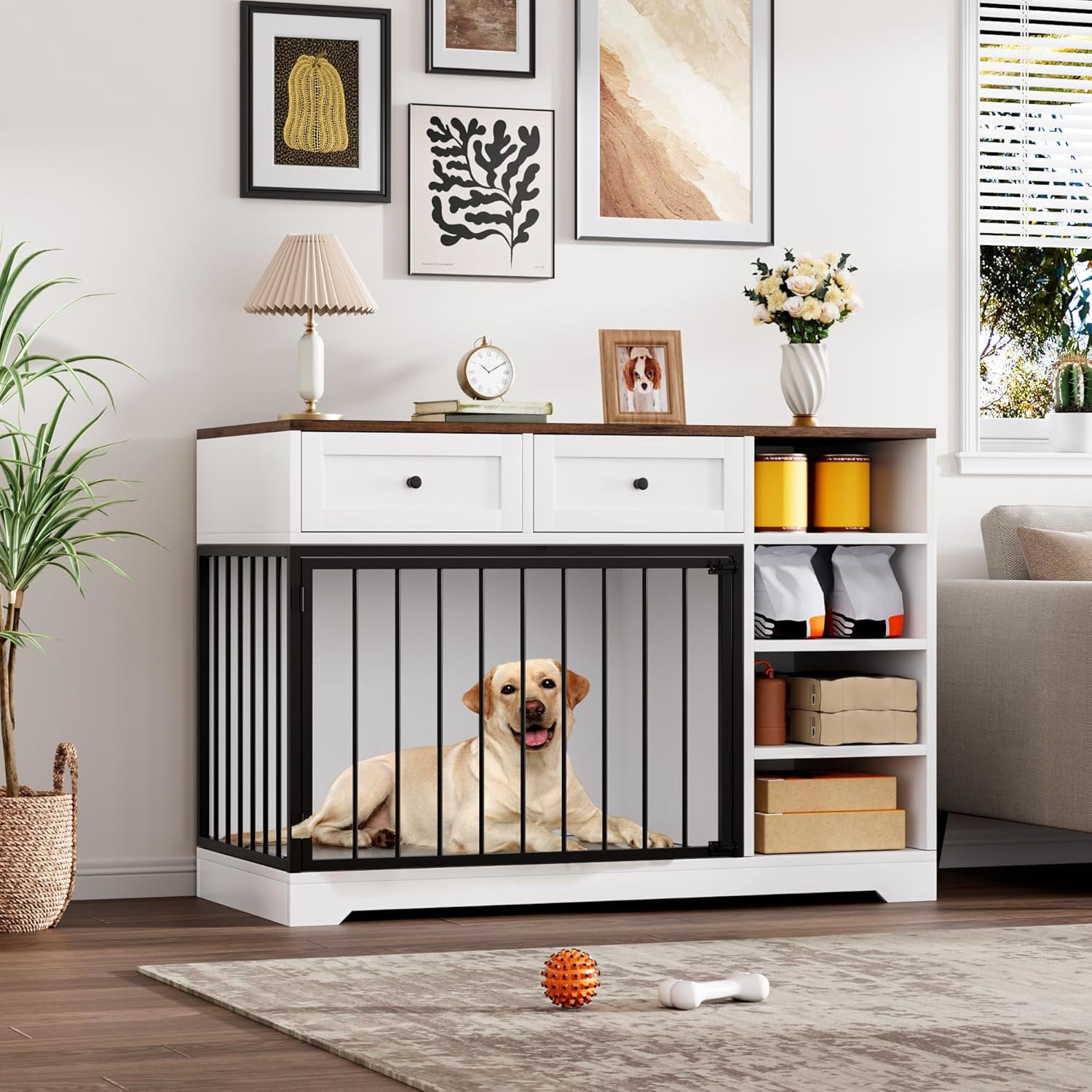 Senfot Furniture Style Dog Crate Cabinet, Multi Functional Pet Kennel with Storage, Decorative Dog House for Living Room Bedroom White