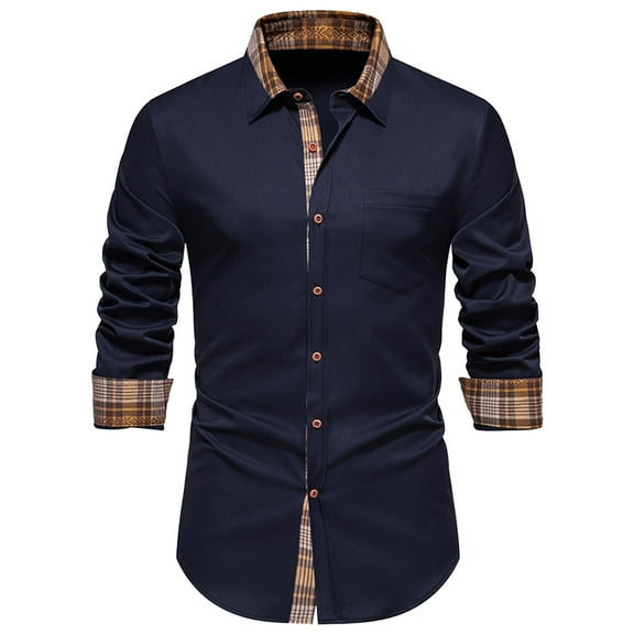 Kagetolytai Top Men's Casual Fashion Lapel Long Sleeve Shirt Men's Plaid Color Block Long Sleeve Shirt Mens Shirts Summer Tops Navy 2XL