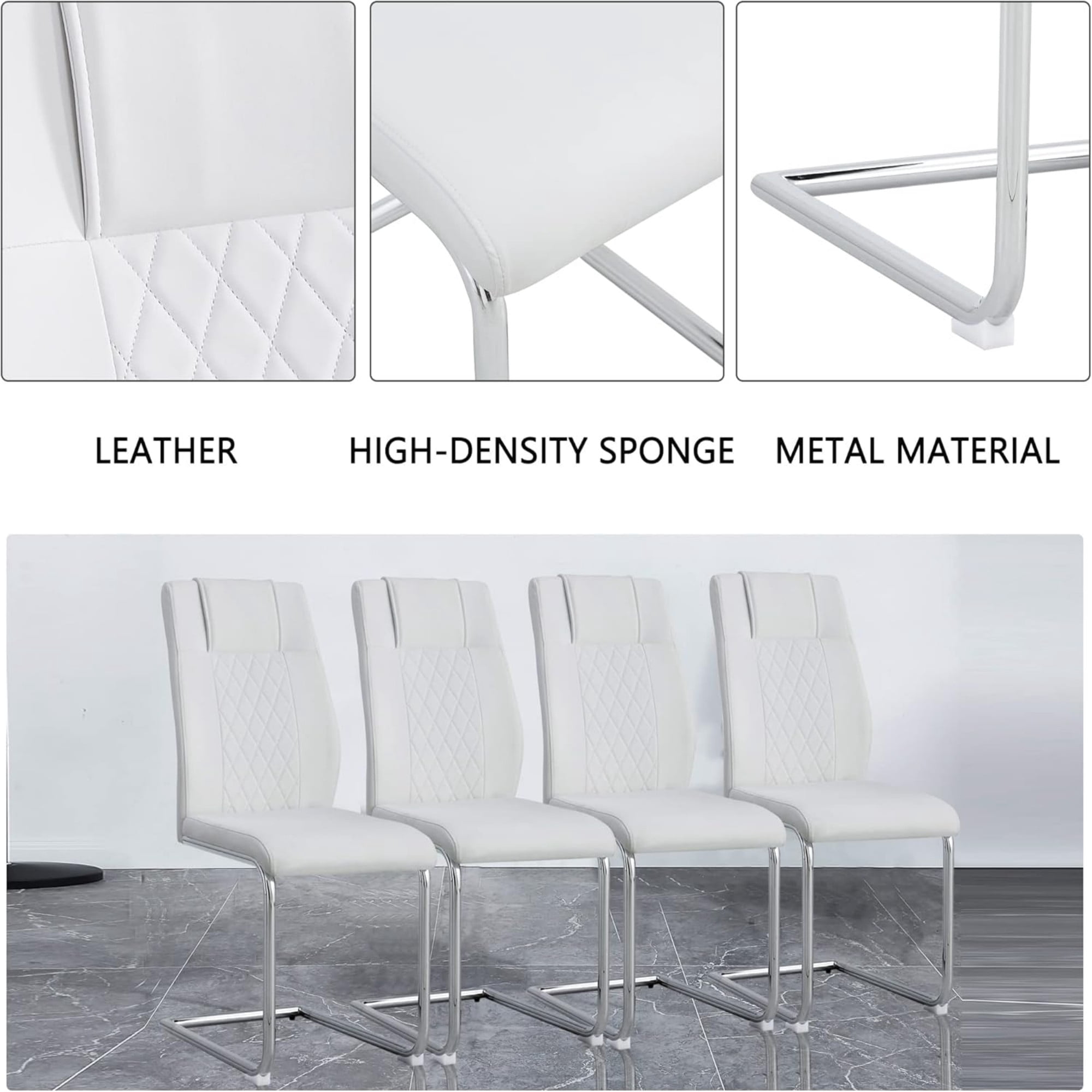 SUDICA Dining Table Set 63 Inch Rectangular Glass Top Silver Metal U Base 7 Piece Dining Room