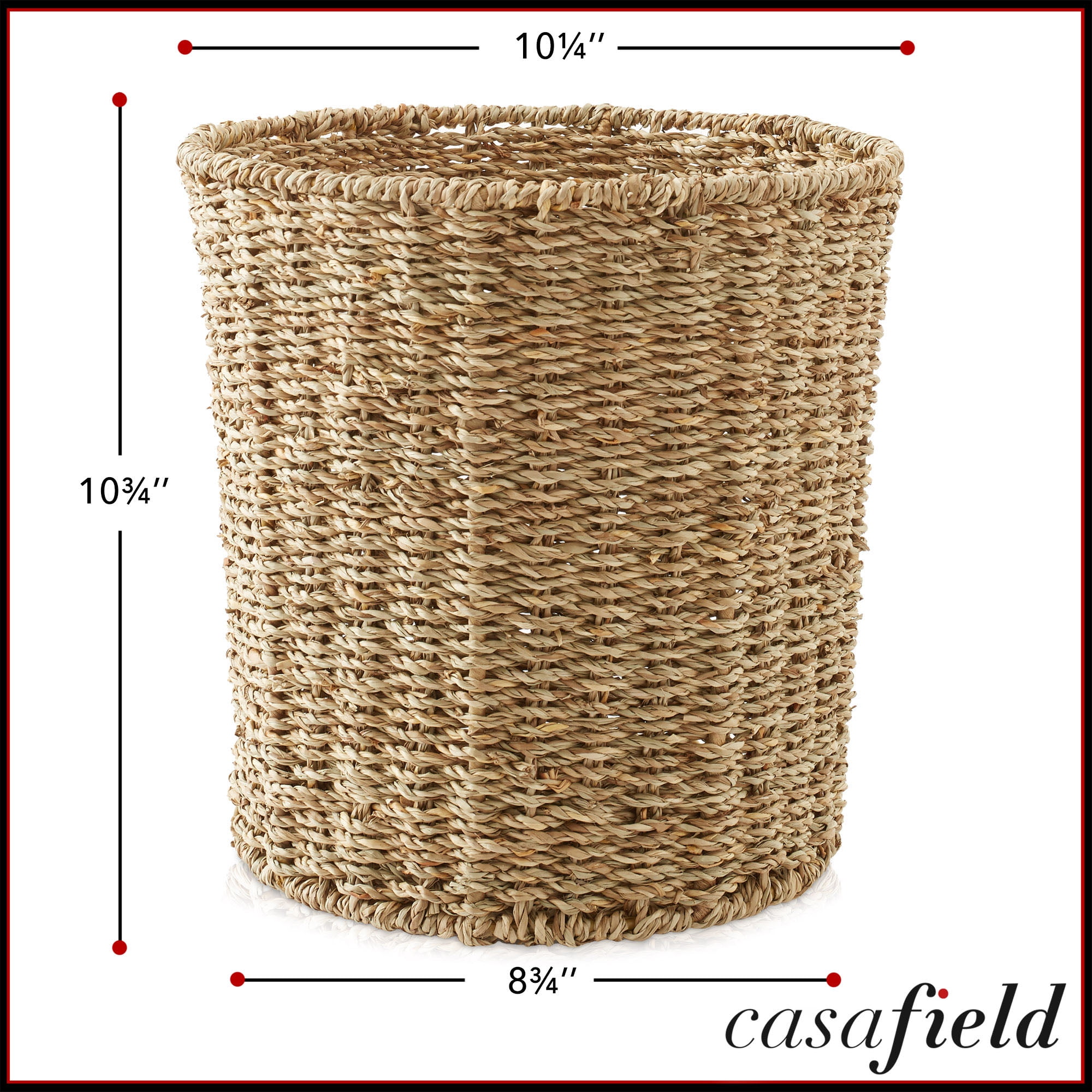 Casafield Seagrass Waste Basket - Natural, Woven Wicker Trash Can for Garbage in the Bathroom, Bedroom, Laundry Room, Home Office