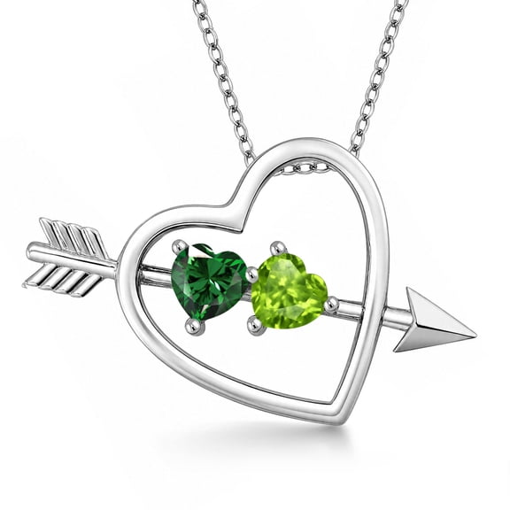 Gem Stone King 925 Sterling Silver Green Simulated Emerald and Green Peridot Heart and Arrow Pendant Necklace for Women (0.85 Cttw, with 18 inch Silver Chain)