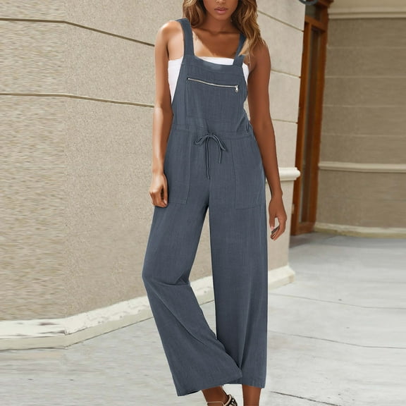 cllios Overalls for Women Summer Linen Jumpsuit Casual Drawstring High Waist Rompers Loose Sleeveless Wide Leg Overall with Front Zipper Pocket
