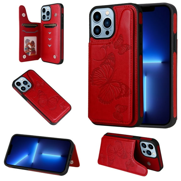 iPhone 13 Pro Max Case,Dteck Butterfly Pattern Magnetic Leather Card Holder Wallet Case Shockproof Rubber Hybrid Kickstand Cover for iPhone 13 Pro Max,Red