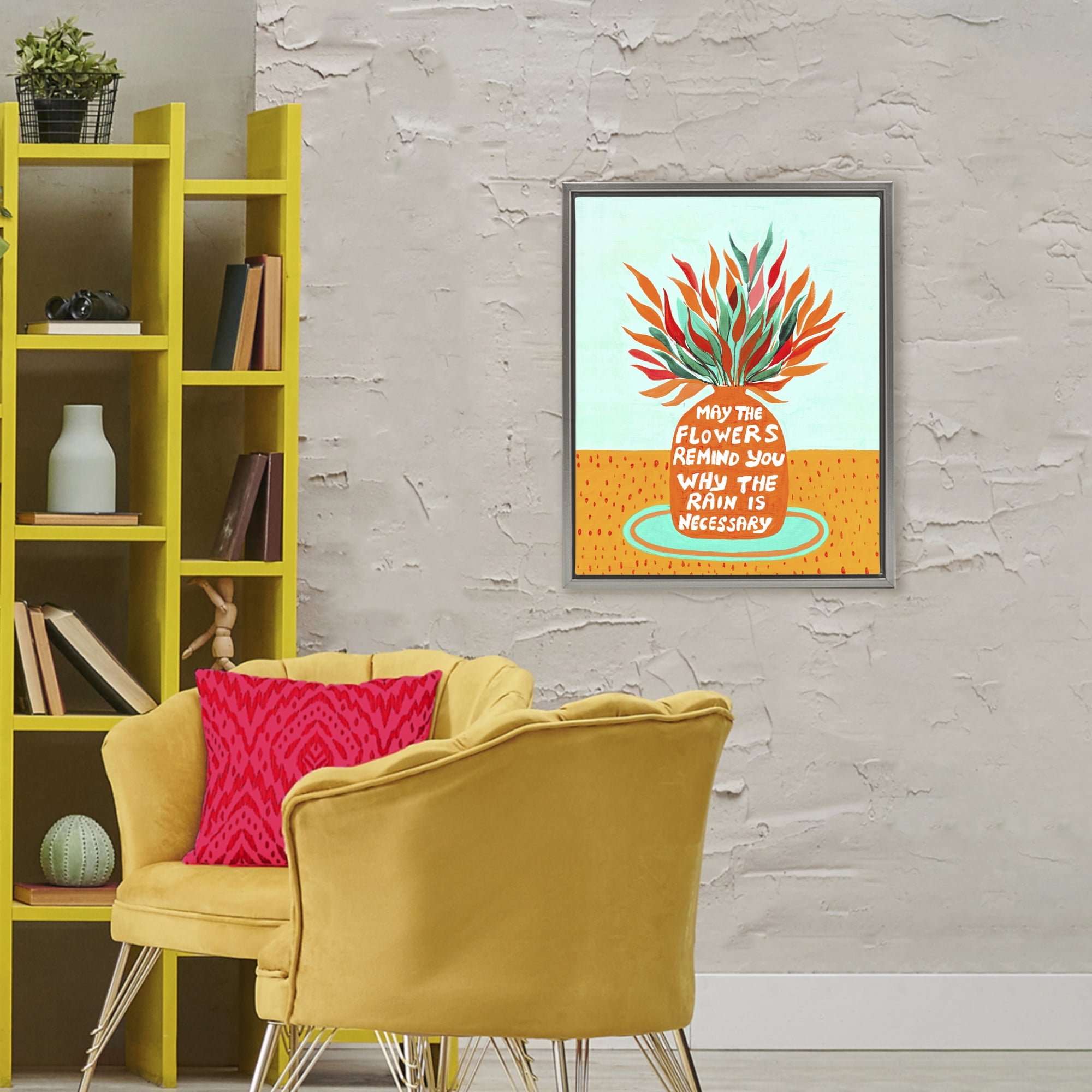 Flowers Remind Rain Is Necessary Gray Framed Floater Canvas Wall Art, design by Nabeela Rumi