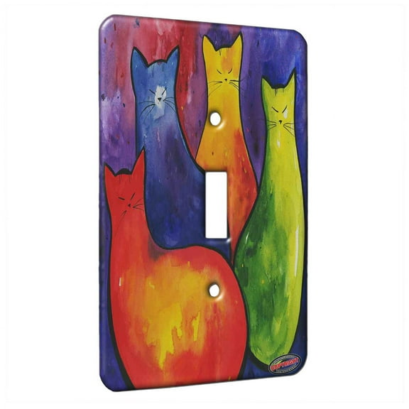 KuzmarK™ Single Gang Toggle Switch Wall Plate - Four Colorful Two Tone Kitties Abstract Cat Art by Denise Every