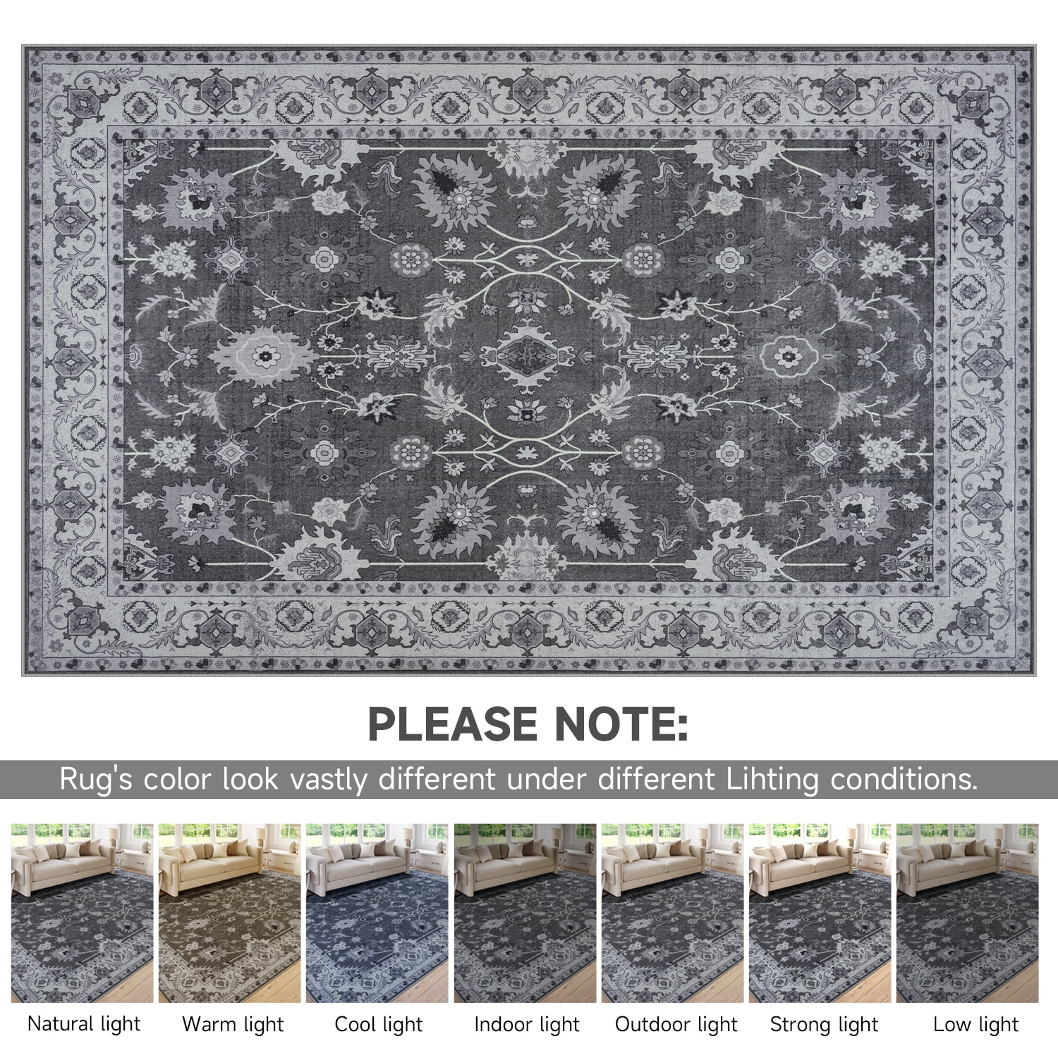 Wondo 6x9 Vintage Bohe Washable Black Area Rug for Living Room, Bedroom, Dining Room, Office, Nursery Anti-slip Easy Care Carpet, Ultra-thin Stain Resistant Indoor Low Pile Carpet