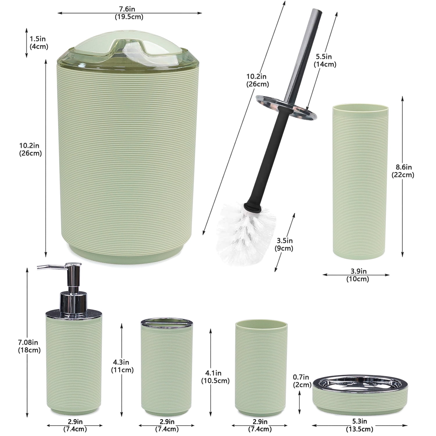 CERBIOR Bathroom Accessories Set 6 Pcs Ensemble Complete Soap Dispenser Toothbrush Holder Tumbler Soap Dish Toilet Cleaning Brush Trash Can, Thread Sriral Green