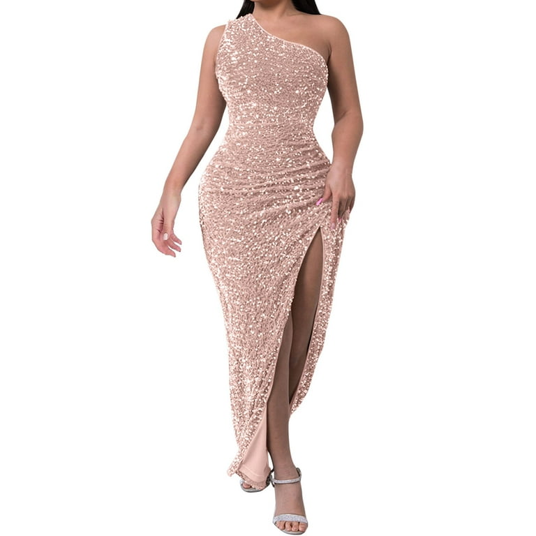Women's One Shoulder Bodycon Side Slit Dress Fashion Sequins Sleeveless  Slit Solid Color Dresses Vestidos 