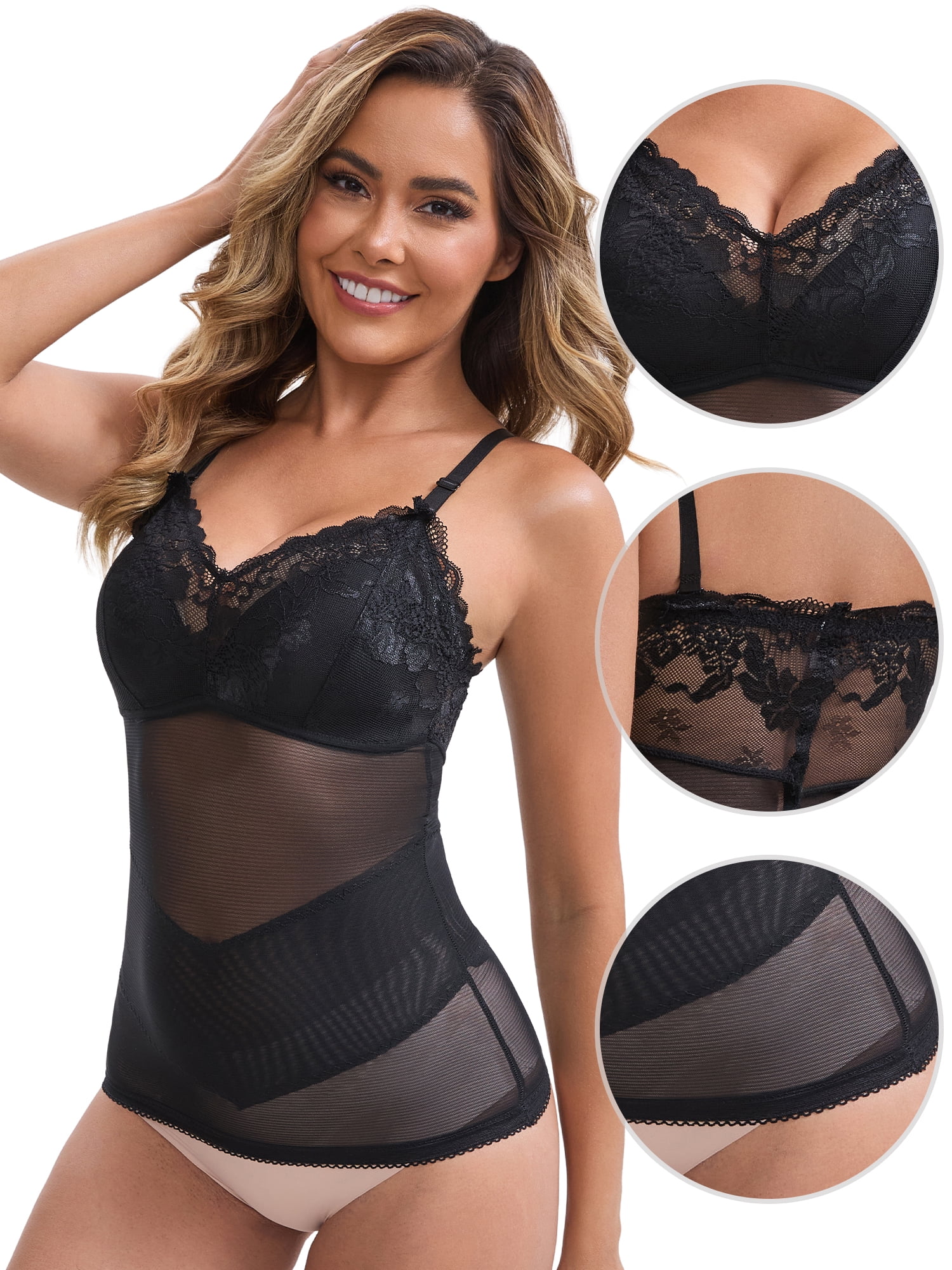 DARING DIVA Women's Lace Mesh Shapewear with Adjustable Straps L Black