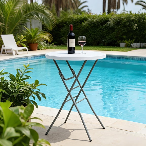 28 Inch Round Folding Bar Table High Top Cocktail Table with Locking Mechanism HDPE Waterproof Stain-Resistant Top for Indoor Outdoor Garden Party White
