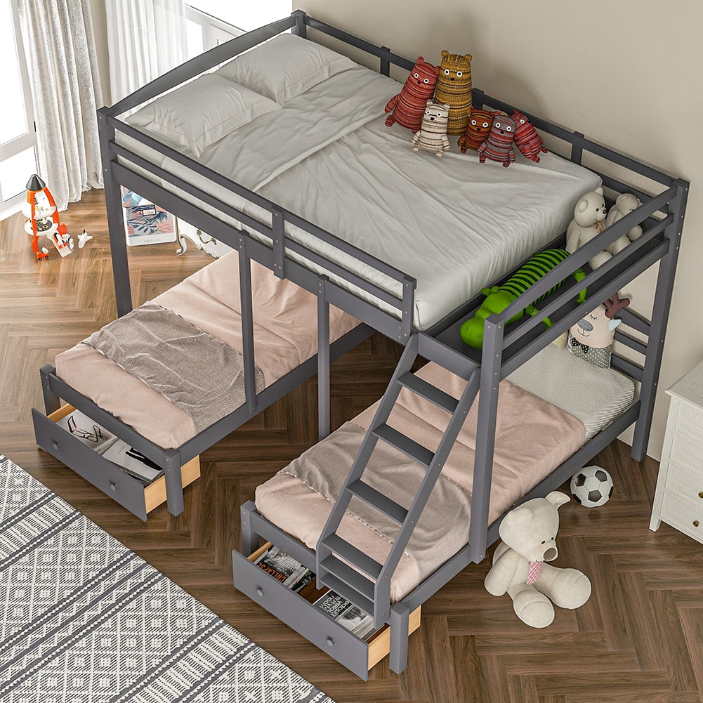 Kadyn Full over Twin & Twin Bunk Bed,Triple Bunk Bed with Drawers, Gray Kadyn Full over Twin & Twin Bunk Bed,Triple Bunk Bed with Drawers, Gray