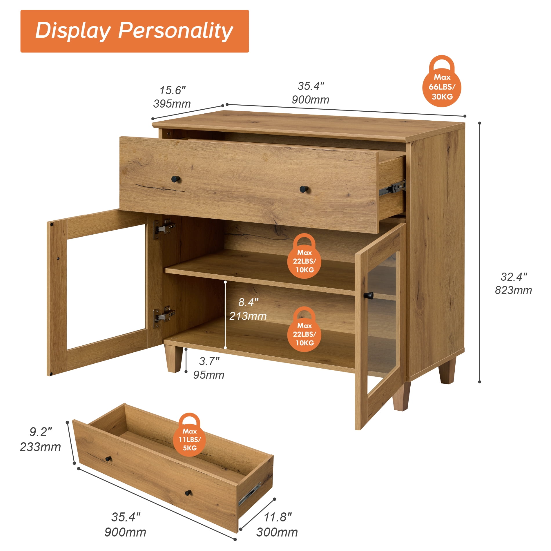 Large Bedroom Nightstand with Glass Doors, Tall Bedside Table with Drawer, Shelf and Cable Management, Brown