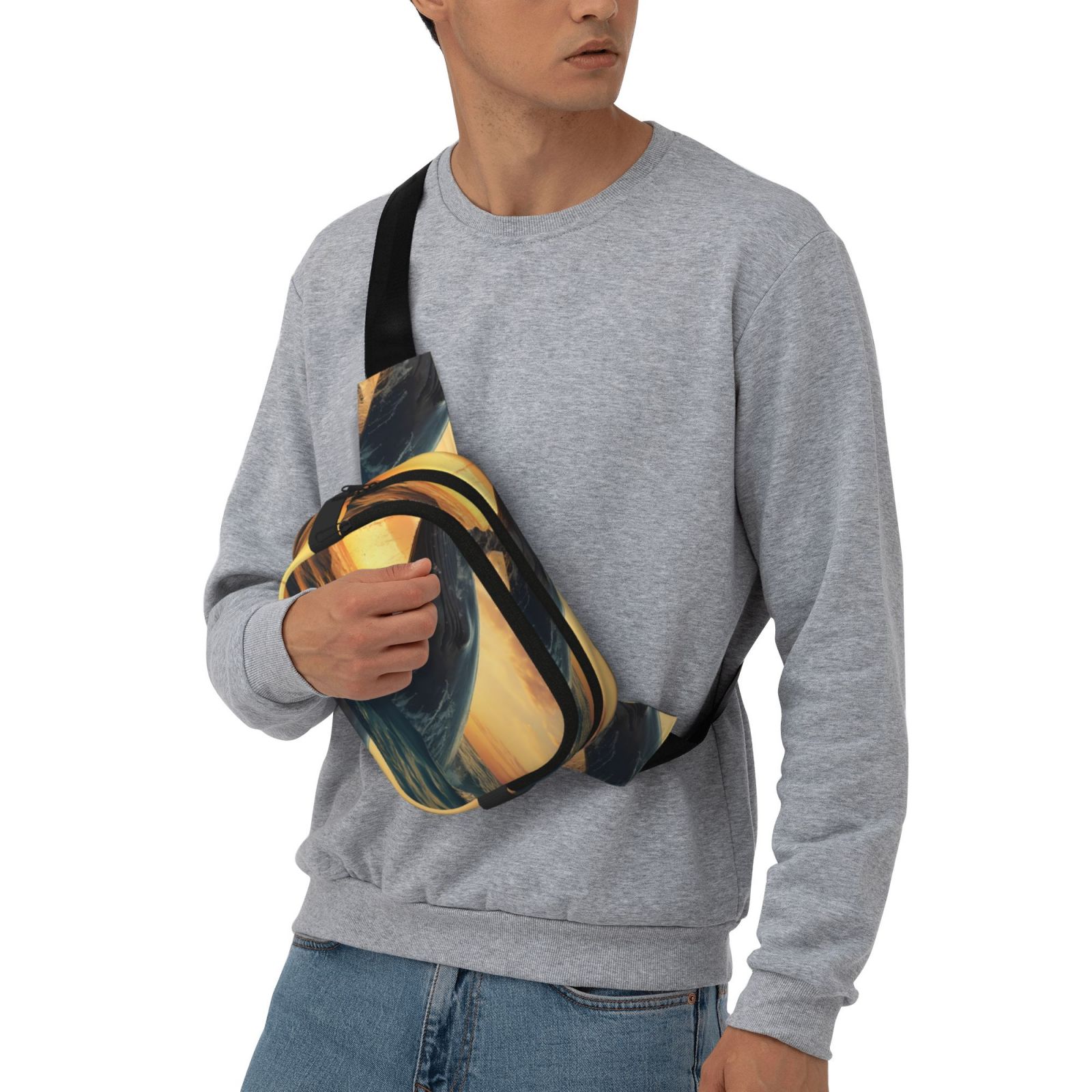 Picia Sunset Ocean Whale Print Square Double-Layer Waist Bag Mini Adjustable Waist Belt Bag Exercise Running Travel Hiking