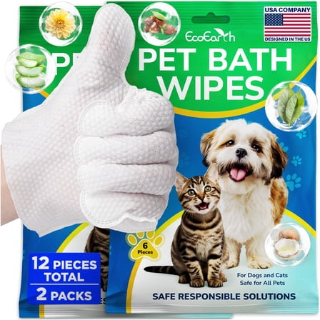 EcoEarth Pet Grooming Wipes for Dogs & Cats, Washing Gloves for Bath Cleaning, 12 Pc