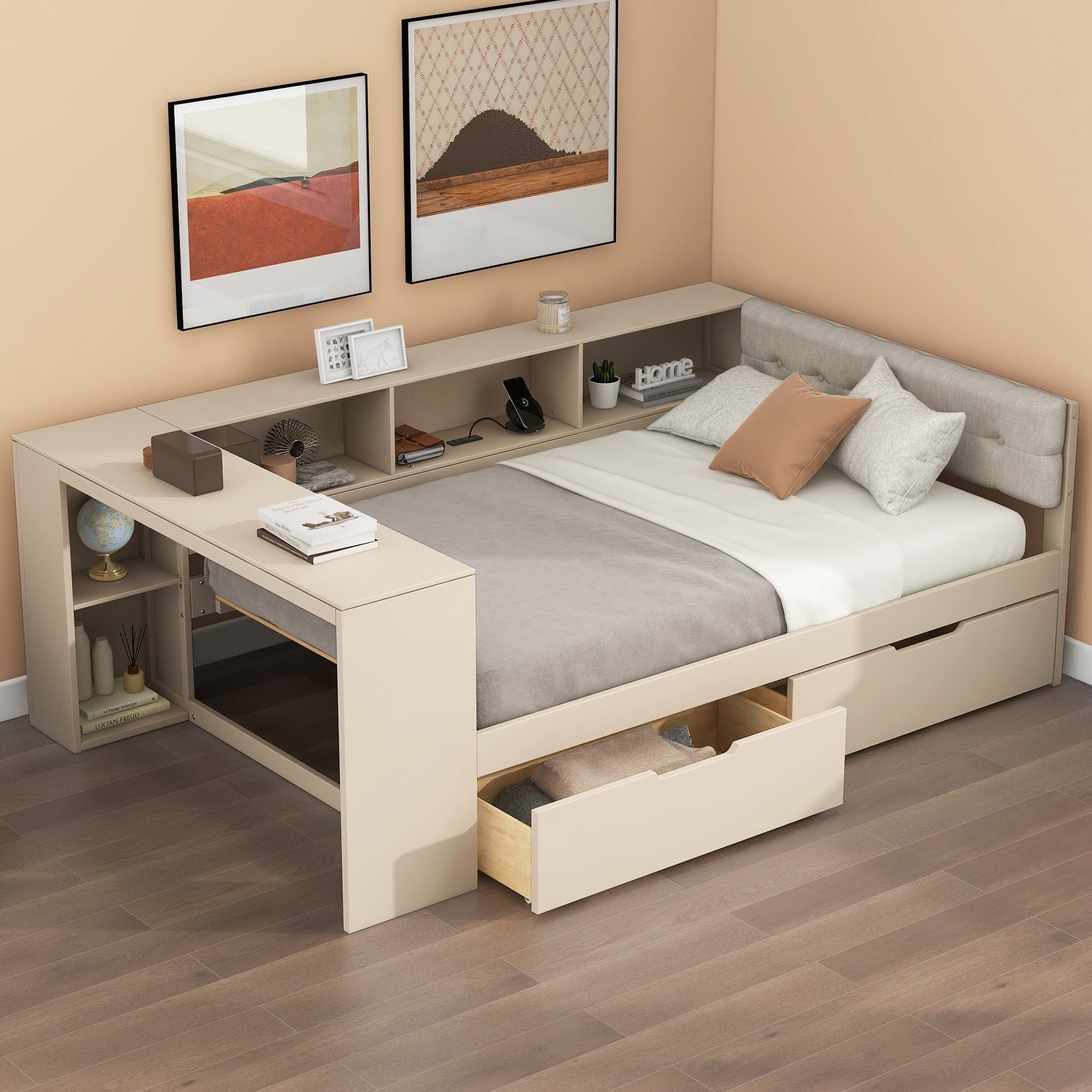Euroco Wood Full Size Platform Bed with Desk and Shelves, Drawers and USB Charging, Cream