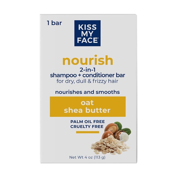 Kiss My Face Nourish 2-in-1 Shampoo   Conditioner Bar, For Dry, Dull & Frizzy Hair, Oat & Shea Butter, 1 Bar, 4 oz (113 g)