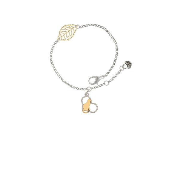 Delight Jewelry Two-tone Cat Silhouette Heart - Goldtone Leaf Delicate Bracelet, 6.25 1.75"