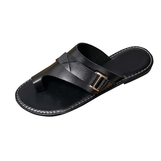Slide Sandals for Women Flat Toe Ring Buckle Decor Leather Non Slip Beach Summer Sandals Black