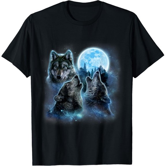 Three Wolves Howling at Icy Full Moon T-Shirt – Gray Wolf Nature Art Tee for Animal Lovers