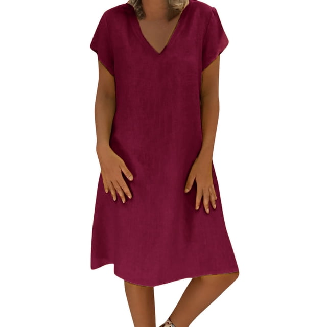 Kcodviy Robe Midi en Lin Style Été pour Femme Feminino Robe T-Shirt Coton Décontractée Robe Maxi Été Grande Taille Robe pour Dames