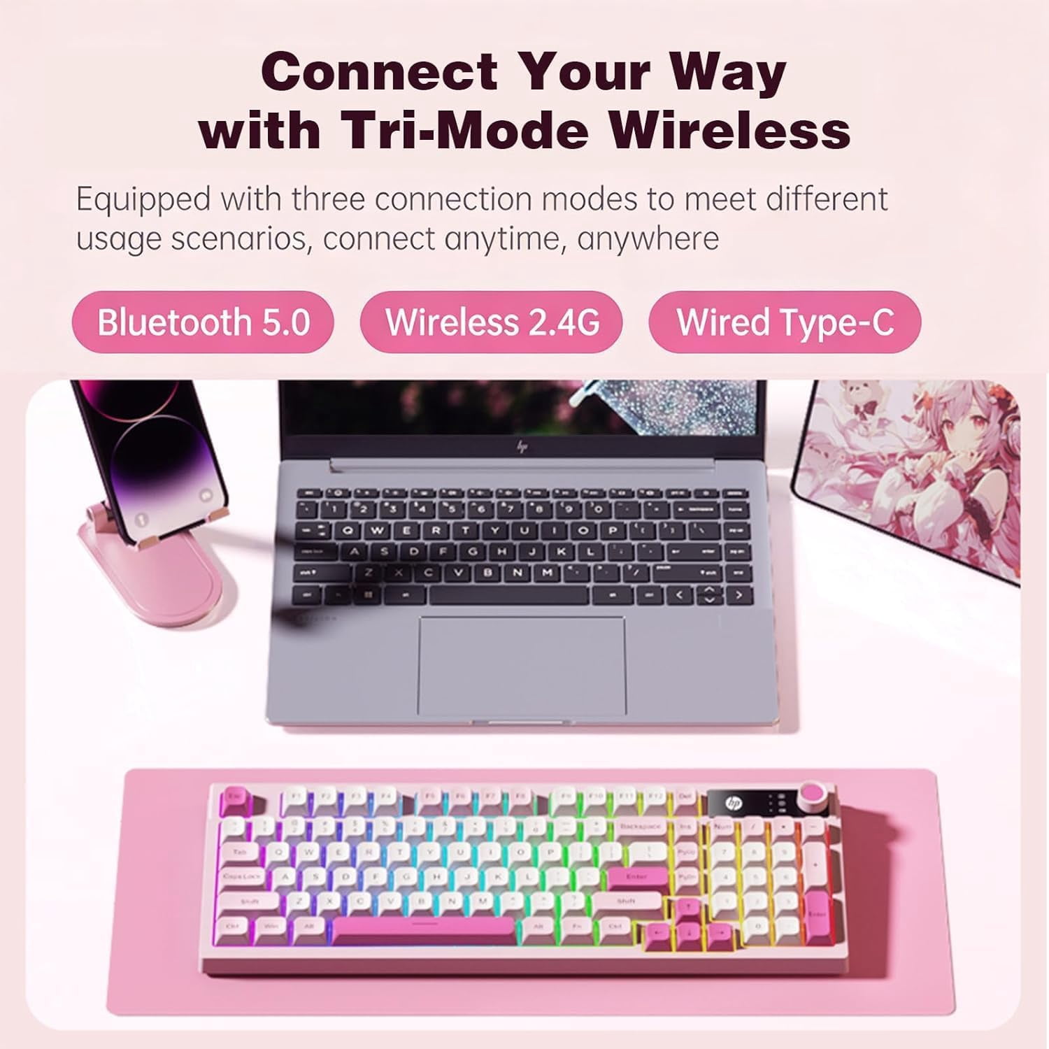 HP K500F Wireless Keyboard – Tri-Mode Bluetooth 5.0 / 2.4GHz / USB-C, RGB Backlit, Pink Gaming Keyboard with Volume Knob, Rechargeable for Windows PC