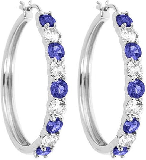 Beyond Brilliance Silver Finish Over Brass Round Cut Blue and White Sapphire Hoop Earrings for Women