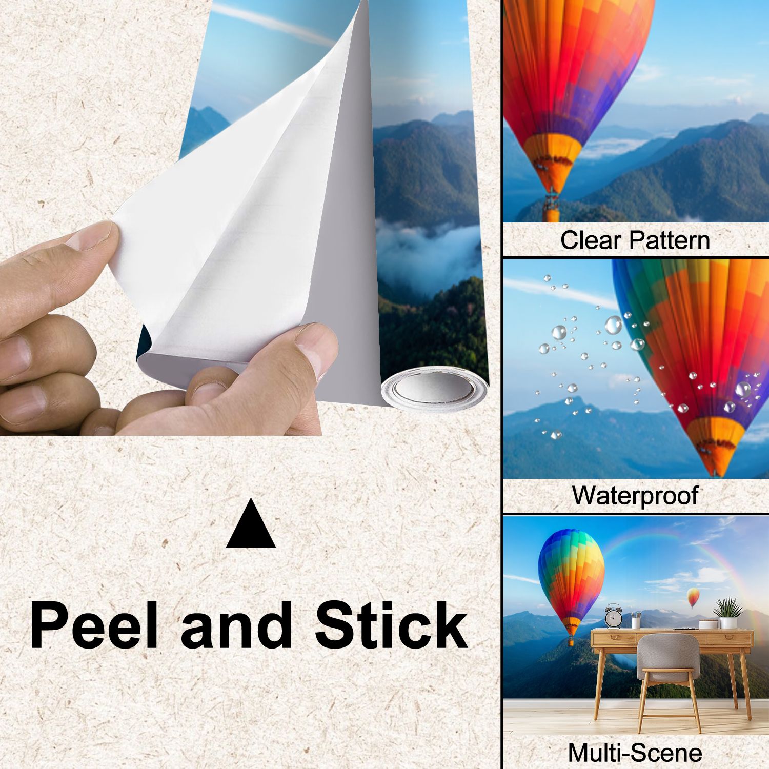 Peel and Stick Wallpaper Colorful Hot Air Balloons Floating Green Mountains Rainbow Blue Sky Modern Art Wall Mural Decor Self Adhesive and Removable 100in x 144in