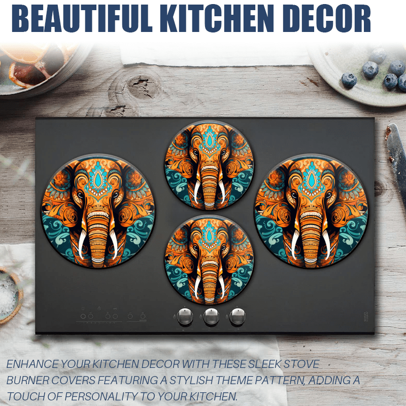 BaHomeck Electric Stove Burner Covers Set of 4,Round Metal Gas Stove Burner Covers 8 Inch and 10 Inch,Kitchen Decor,Elephant Head With Vibrant Orange And Blue Patterns
