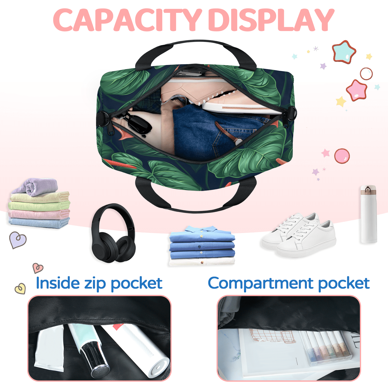 Herdesigns Tropical Gym Bag for Women, Duffle Bag for Travel Sport, Palm Leaves Floral Plants Lightweight Waterproof Carry on Weekender Dance Yoga Workout Bags