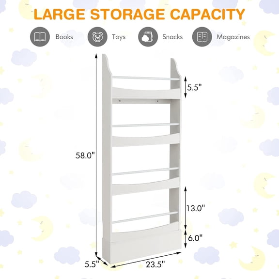 Wall-Mounted Kids Bookshelf, 4-Tier Wooden Book Shelf Organizer for Books and Toys, Toddler Space-Saving Bookcase Toy Rack for Bedroom, Living Room, Nursery, Playroom (White)