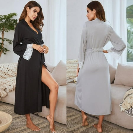 

Shop Clearance! Women Lace Edge Cozy Kimono Cotton Long Robe Knit Bathrobe Soft Sleepwear V-Neck Ladies Homewear Plus Size S-2XL