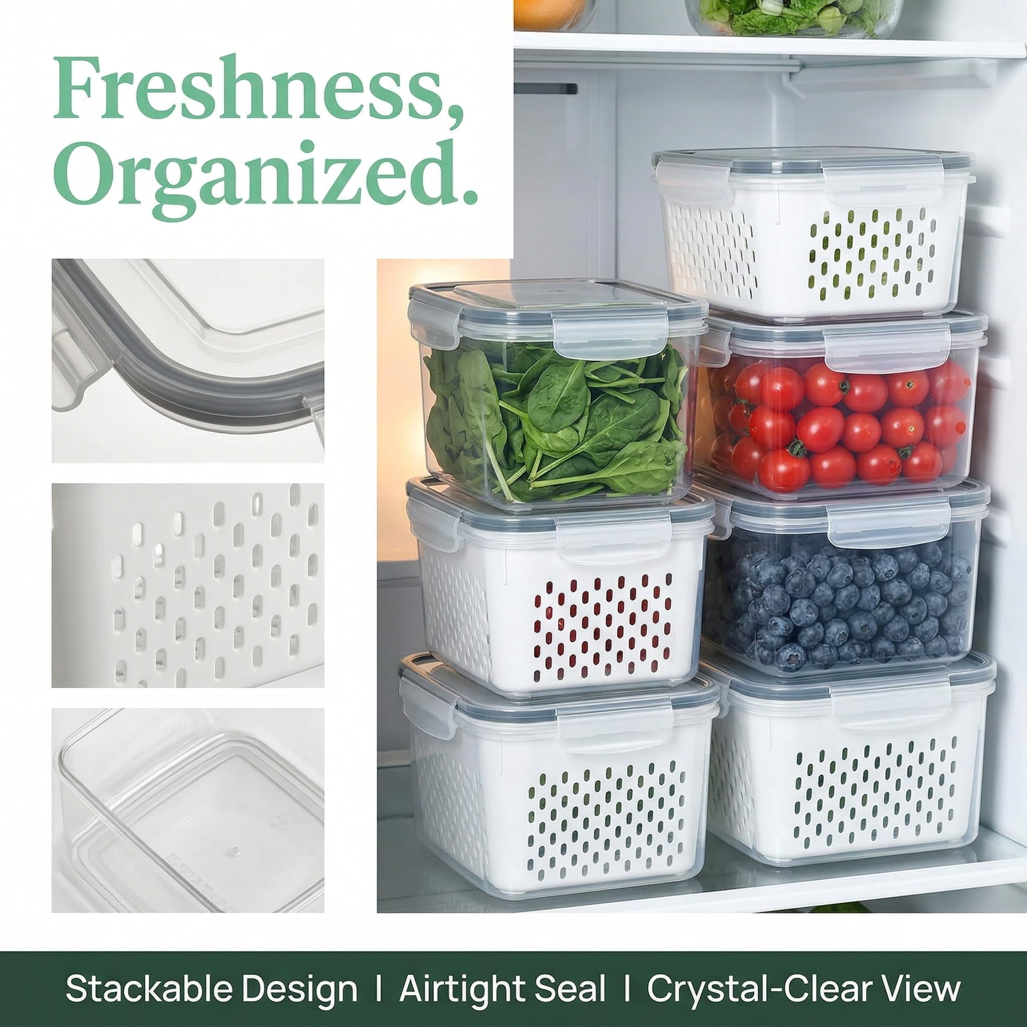 Fruit Storage Containers for Fridge, 4 in 1 Food Storage Container with Removable Colander, Airtight Produce Saver, Stackable Fridge Organizer for Wash, Drain & Store