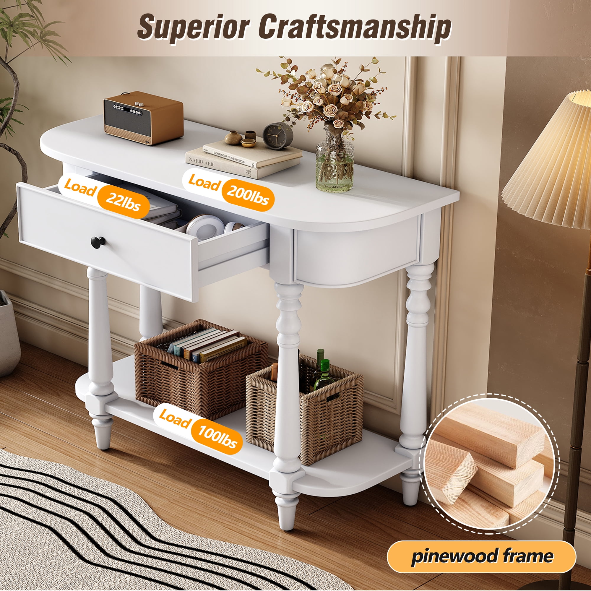 EUROCO 36" Retro Console Table with Drawer,Solid Wood Entryway Table Sofa Table with Open Storage Shelf and Corner-Curved Design for Entryway, Hallway and Living Room,White