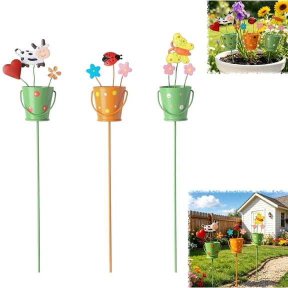 Set of 3 Metal Garden Stakes with Cute Animal Designs, Outdoor Yard Lawn Patio Planter Decorations, Metal Flower Pot Ornaments(RL 3 PCS)